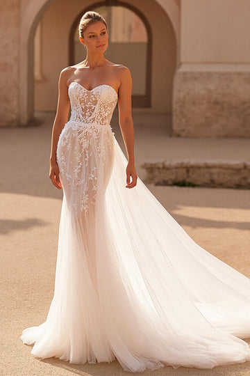 A Line Strapless Court Train Ivory Wedding Dress